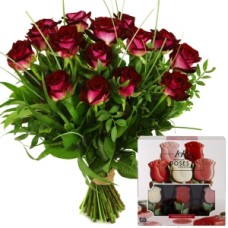 Bouquet of red roses + chocolate roses (Bouquet with 10 red roses incl. leaf material + gift box of roses chocolate)